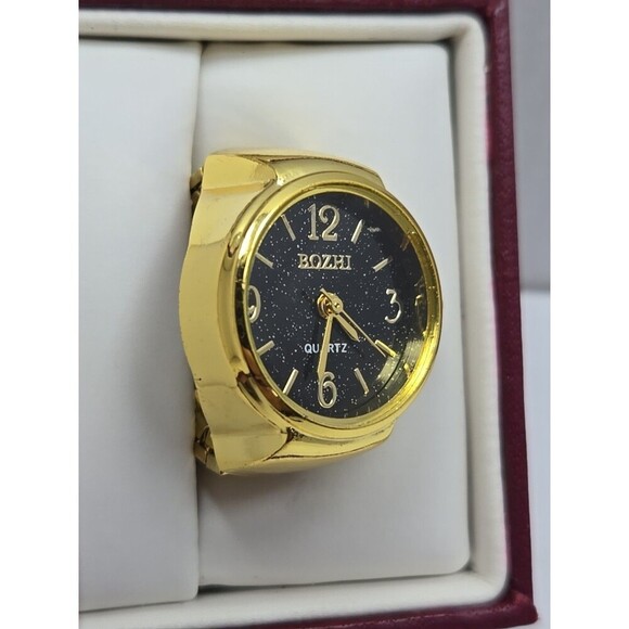 Bozhi Gold Tone Quartz Ring Watch Black Dial New Battery Retro Stretch Accessory - Picture 3 of 9